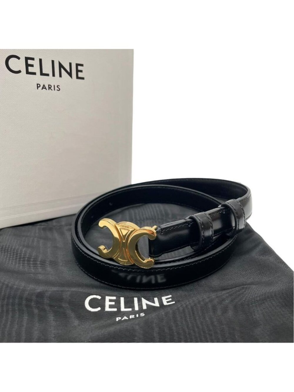 Celine Leather Triomphe Buckle Belt Gold Black